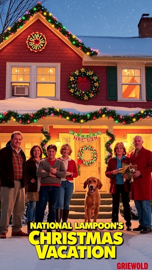 The Griswold family in front of their brightly lit house during Christmas, showcasing holiday decorations and a snowy backdrop.